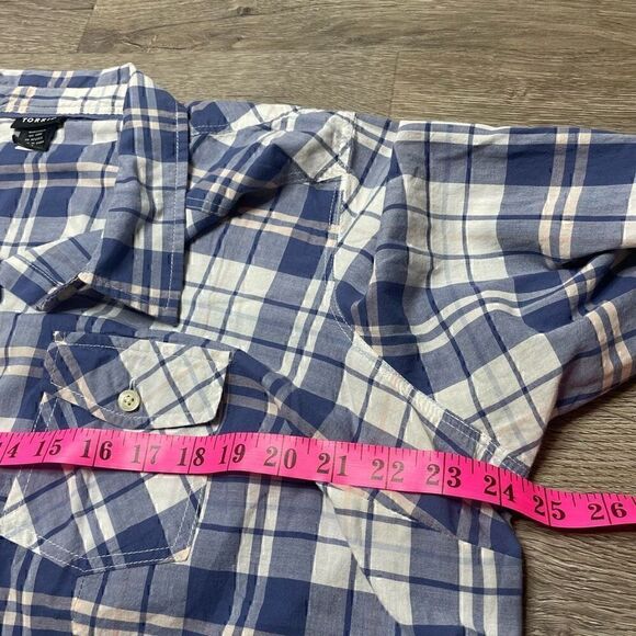 Torrid Camp Shirt Plaid Blue Roll Tab Sleeve Plus Size 2 Cotton Casual - Picture 6 of 8